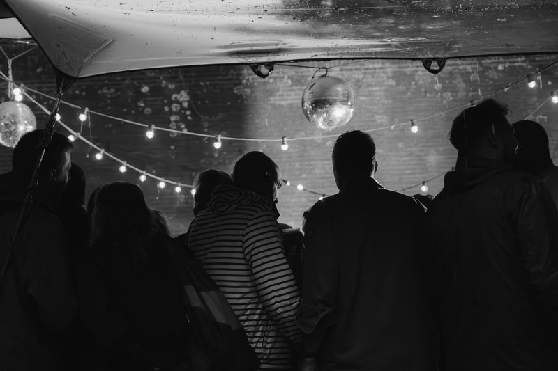 Festival atmosphere with smoke and lights